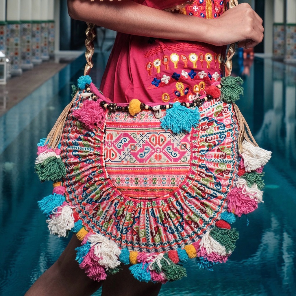 Half-Moon Colorful Boho Women's Bag With Gold Leather Straps